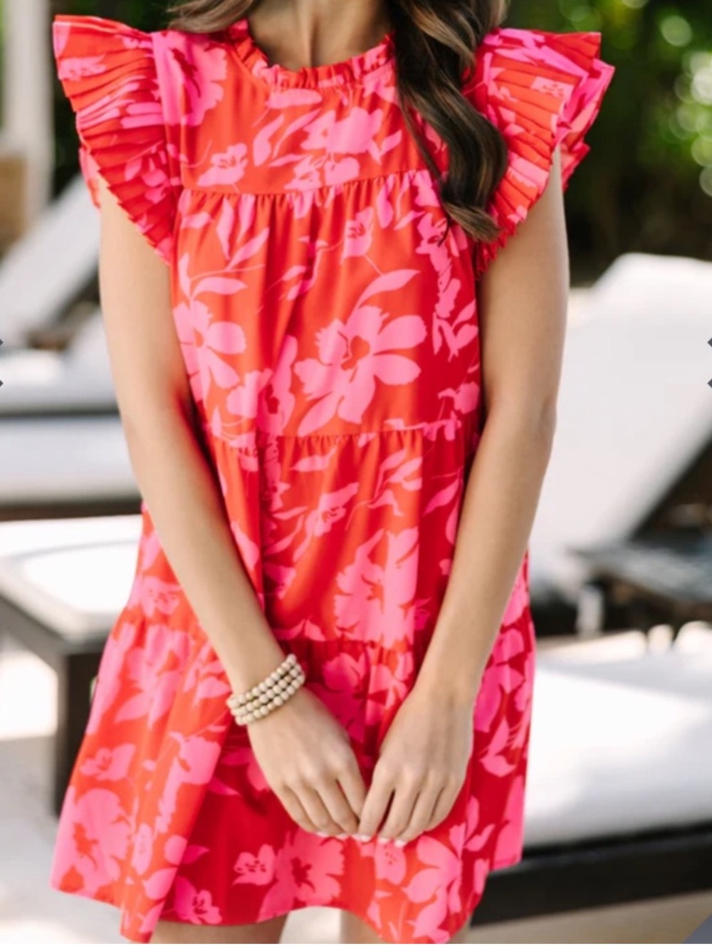 NWT ODDY Coral Red and Pink Floral Ruffle Sleeve Tiered Mini Dress